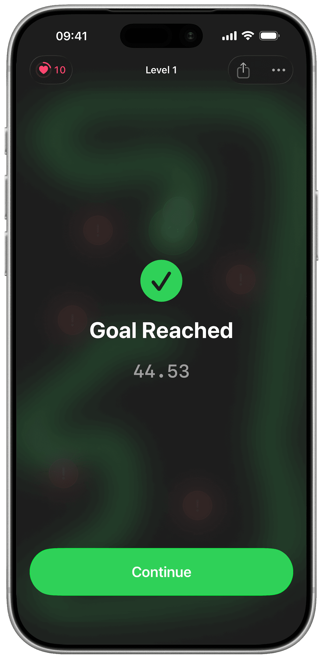 Goal Reached screen — Pulsefield for iPhone